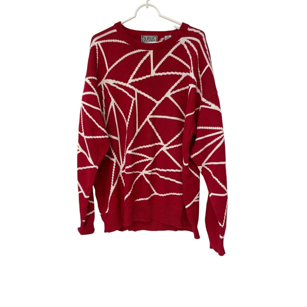 Aureus Vintage Sweater Red Geometric Womens Size 2XL Long Sleeve Combed Cotton